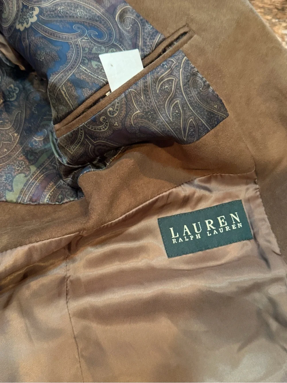 Lauren Ralph Lauren Blazer Men’s 40R Brown Suede Look Paisley Lining Sport Coat
